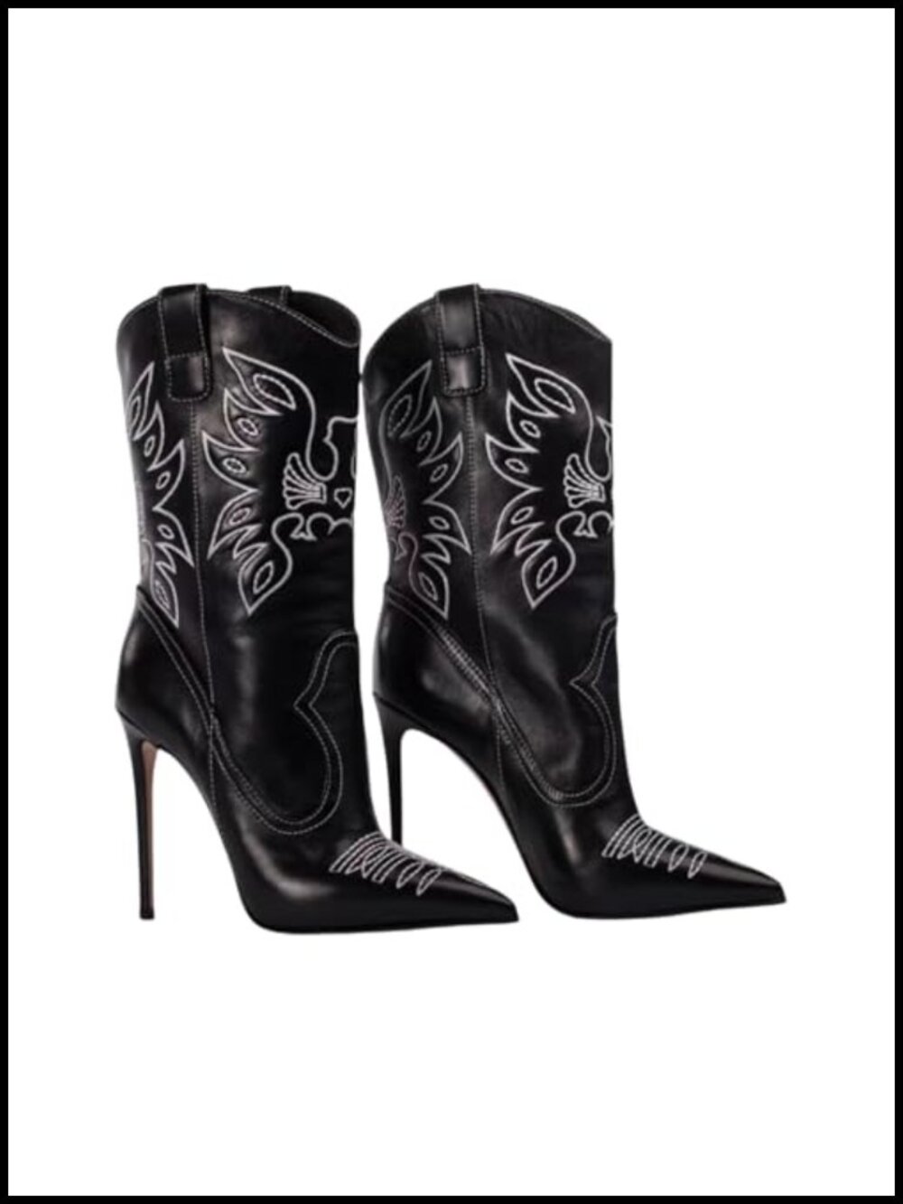 Embroidered Western Cowboy Stiletto Heel Boots Pointed Toe Mid-Calf